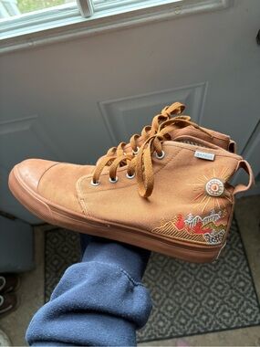 BANGS tan High-Top Canvas Sneakers with Embroidered Sun & Mountain